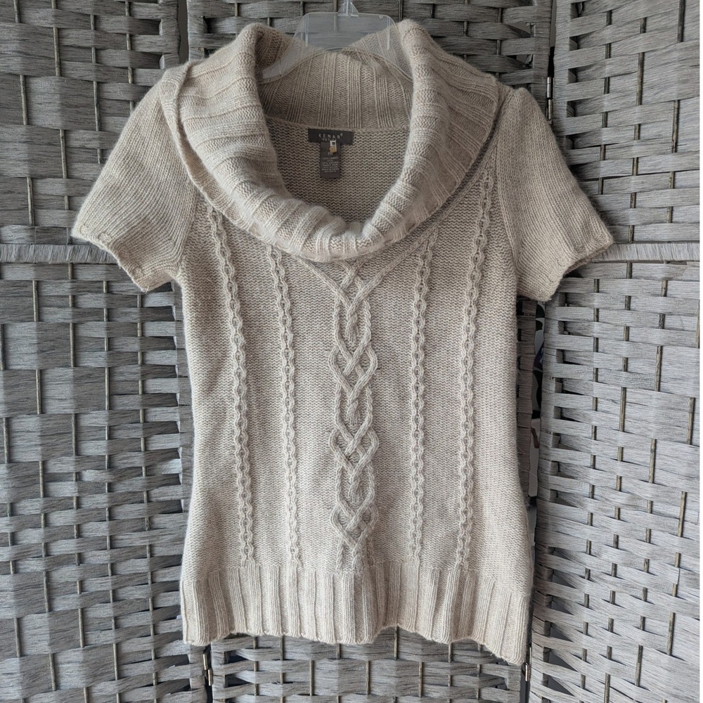 Sweater Beige Cable Knit Cowl Neck Short Sleeve Sz PM Lambswool Angora *READ
